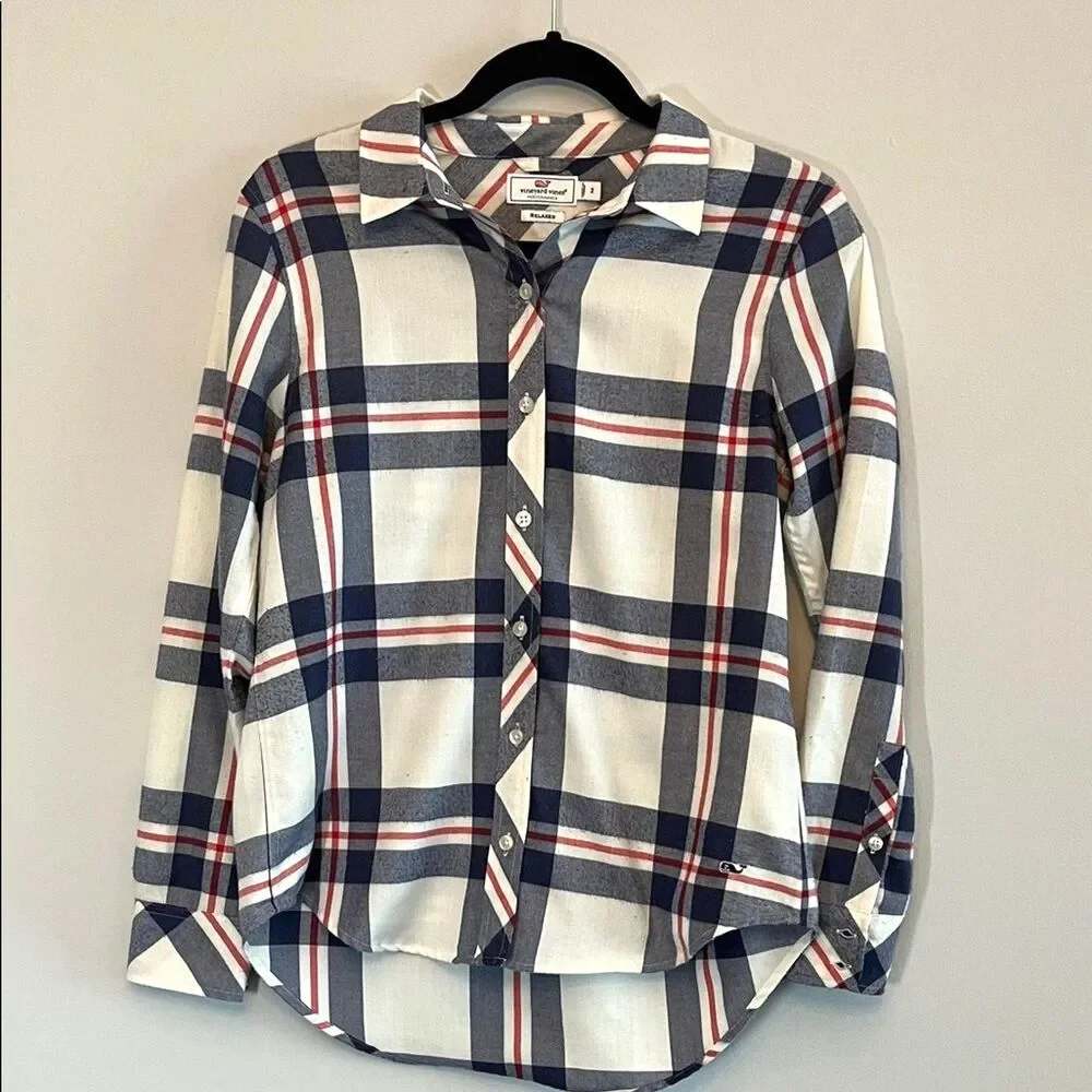 Vineyard Vines Womens Plaid Button Down Shirt Navy Red Cream Long Sleeve Size 2 - Picture 1 of 8